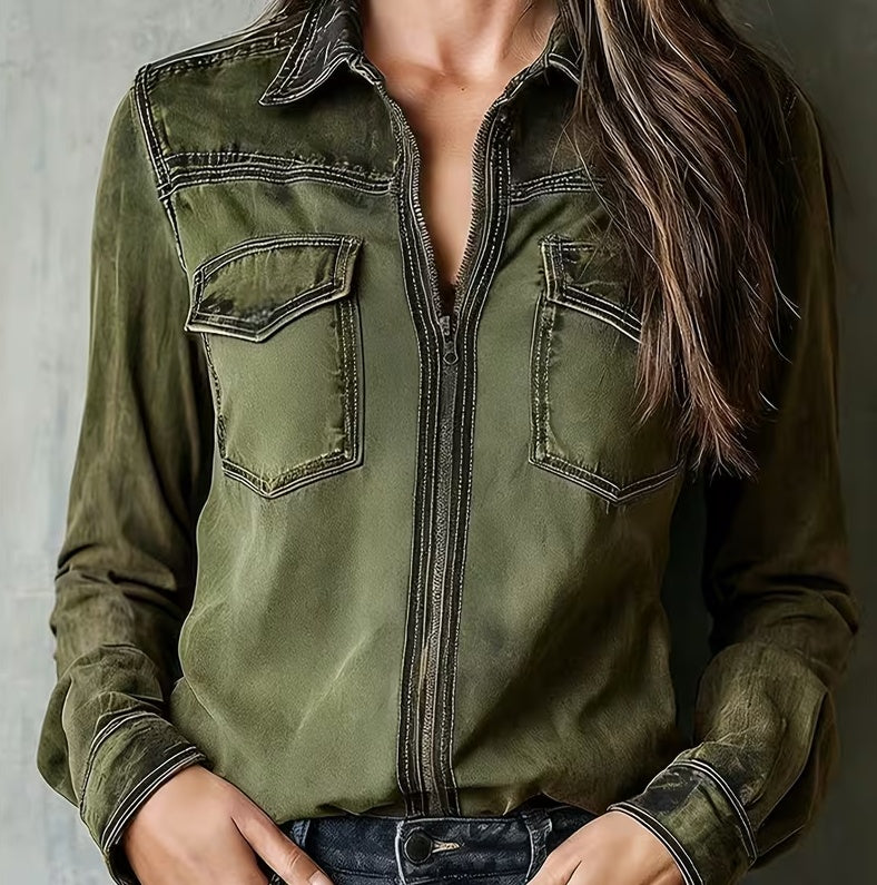 Vintage Lapel Long-Sleeve Top