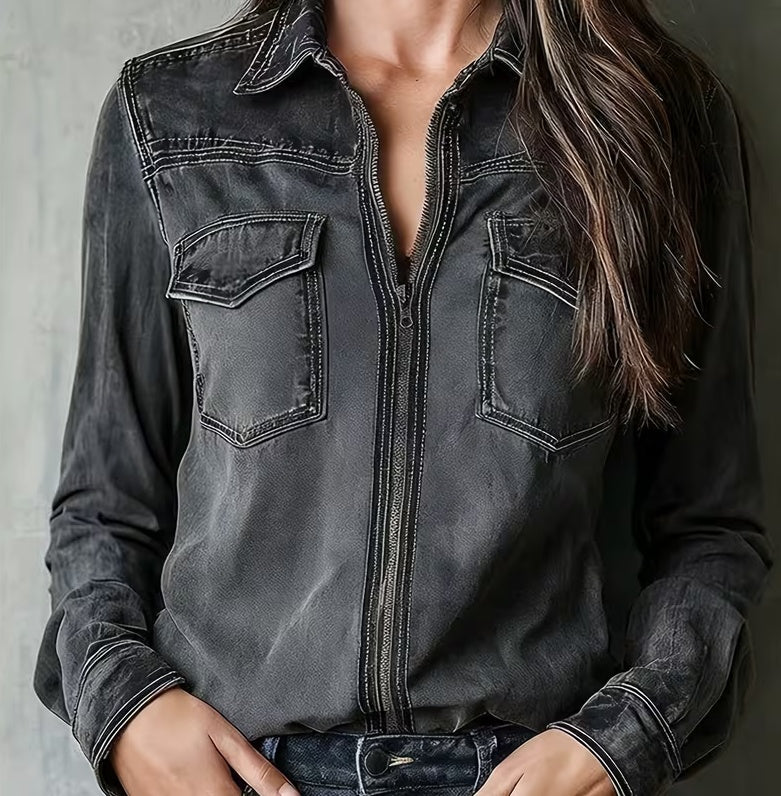 Vintage Lapel Long-Sleeve Top